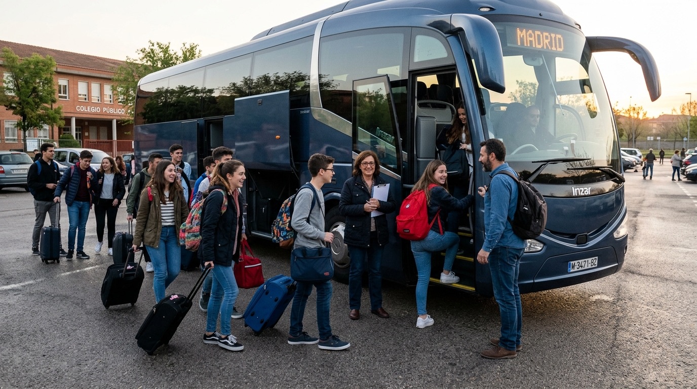 Estudiantes embarcando en autobús para viaje de fin de curso