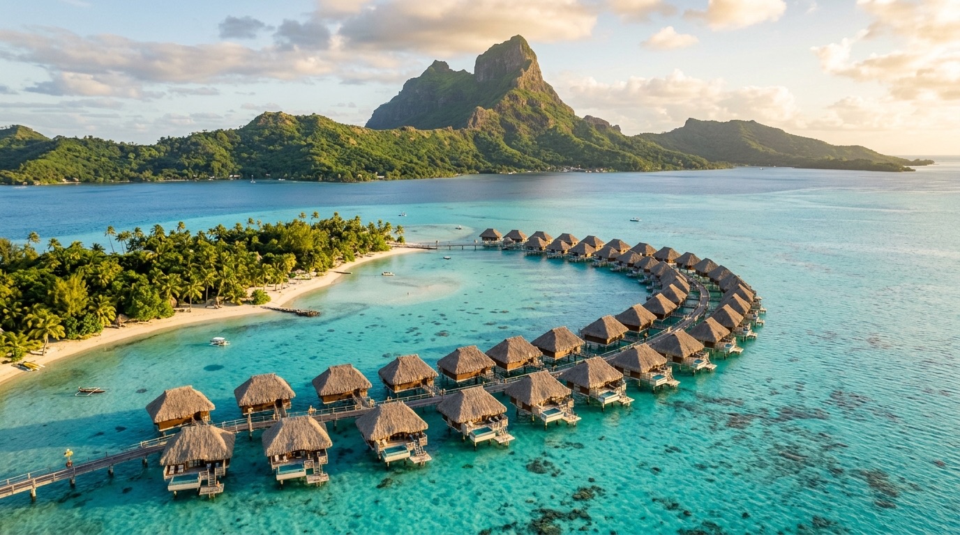 Vista aérea de Bora Bora con bungalows sobre el agua