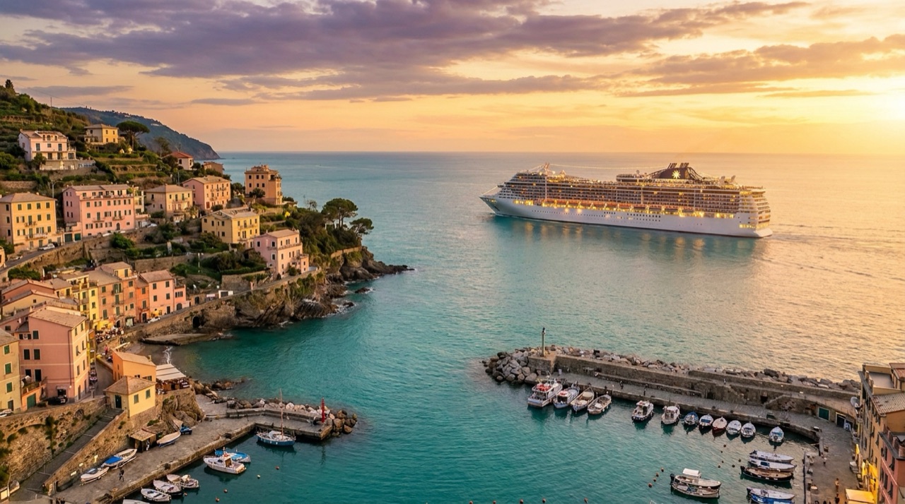 Crucero por el Mediterráneo junto a un pueblo costero al atardecer