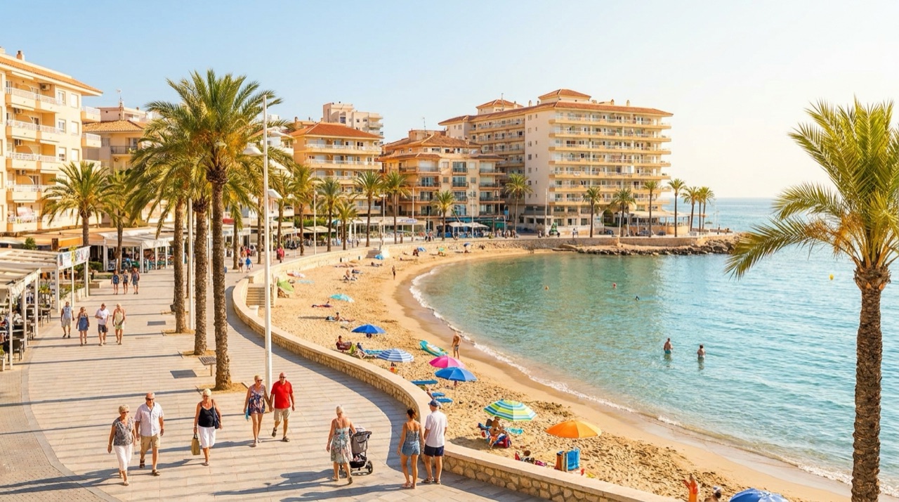 Paseo marítimo de un destino de costa para viajes de mayores