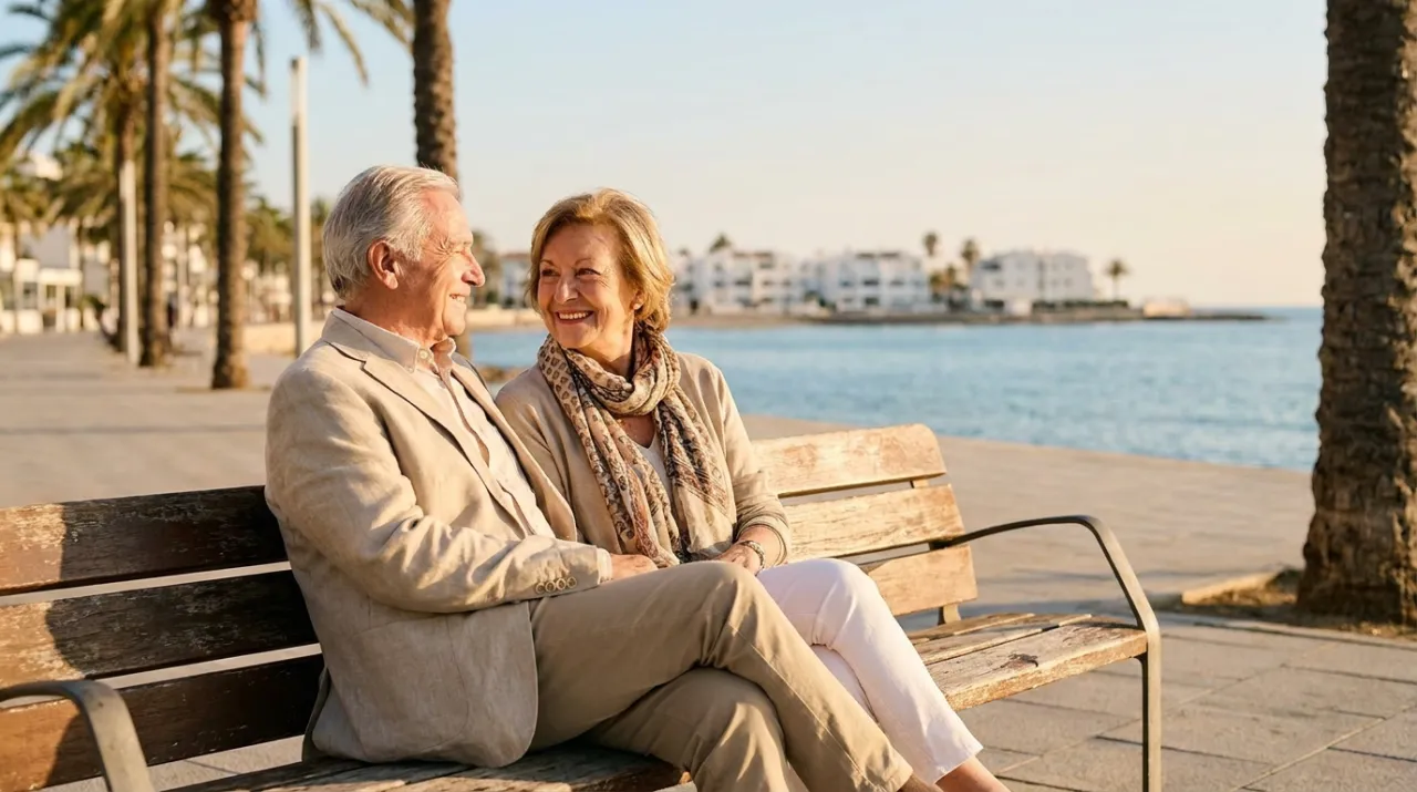 Matrimonio mayor sentado en un paseo mar&iacute;timo mediterr&aacute;neo con el mar al fondo
