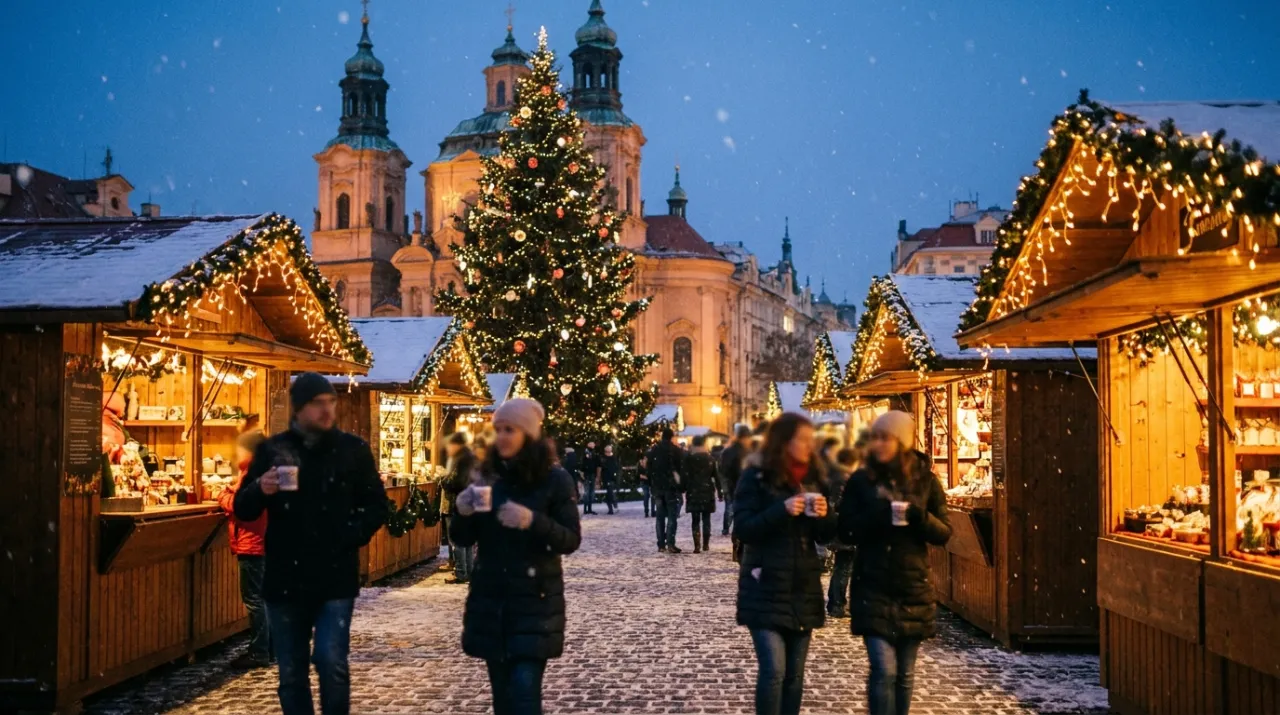 Mercadillo navide&ntilde;o iluminado en una plaza europea al anochecer