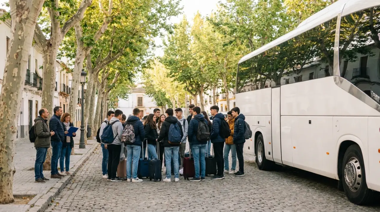 Grupo de estudiantes de instituto con mochilas esperando junto a un autocar