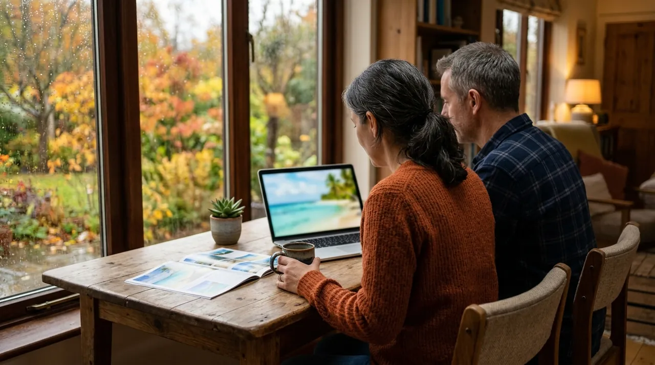 Pareja planificando sus vacaciones de 2027 junto a una ventana en otoño