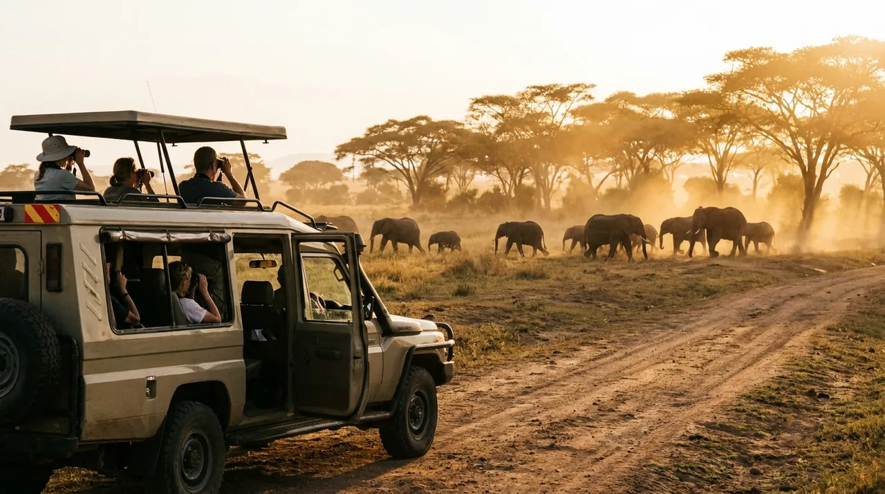 Vehículo de safari observando una manada de elefantes en la sabana del Masái Mara al atardecer